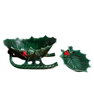 Lefton Christmas sleigh candy dish Japan 1346 & 1347 dark green Holly Berries